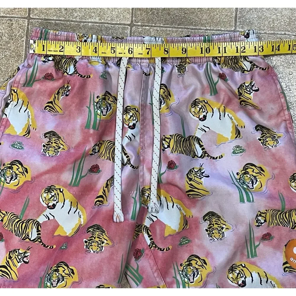 Ambsn Tiger Print Board Shorts Swim Trunks Size Small Drawstring Pink/Yellow